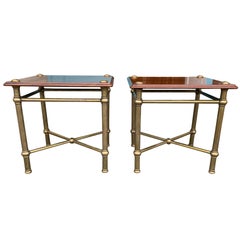 Pair of 20th Century Cuban Mahogany Custom Made Side Tables, Brass Legs