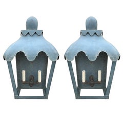Pair of 20th Century Custom-Painted Blue Tole Two-Light Wall Lanterns