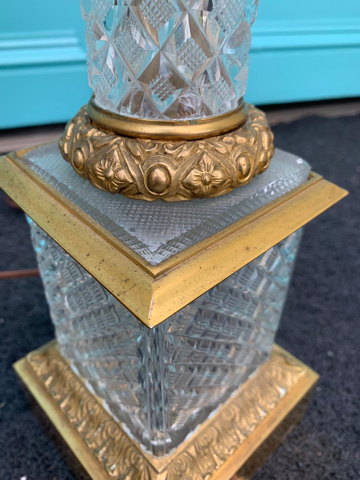 Pair of 20th Century Cut Crystal Bronze Dore Column Lamps 6
