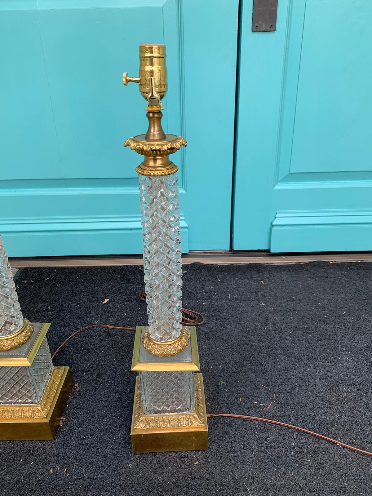 Pair of 20th Century Cut Crystal Bronze Dore Column Lamps 7