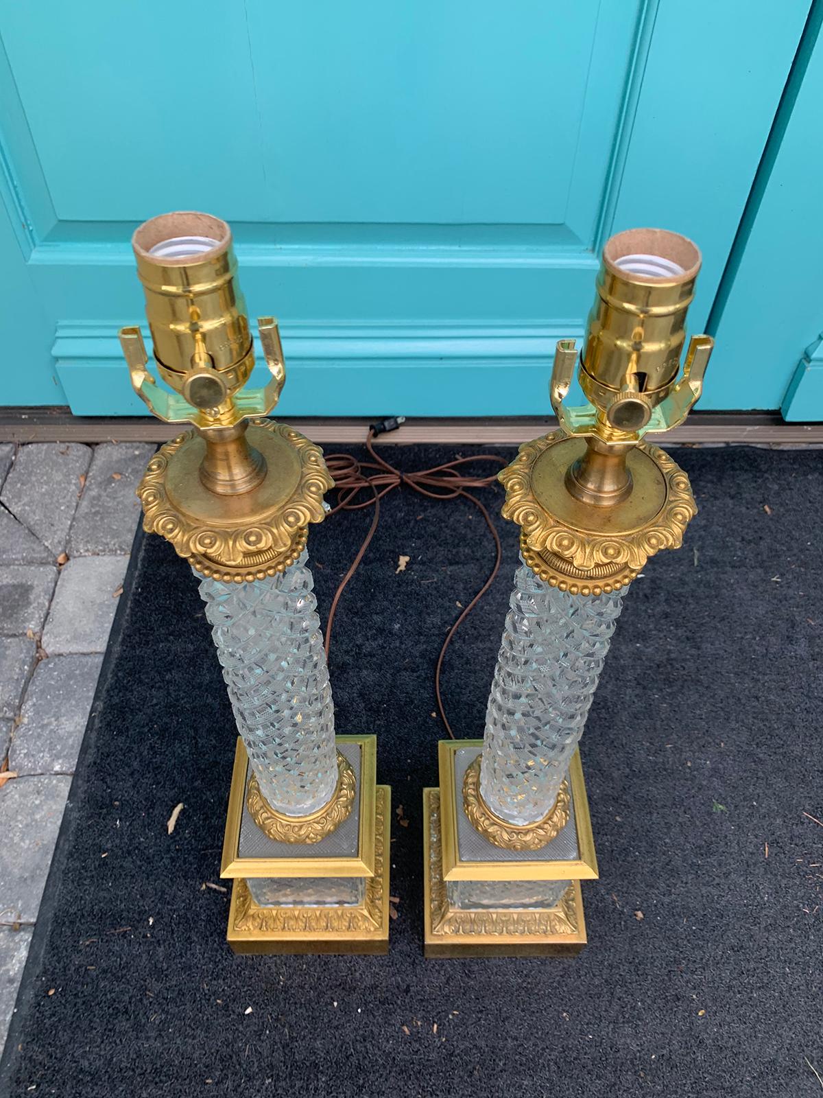 Pair of 20th Century Cut Crystal Bronze Dore Column Lamps 9