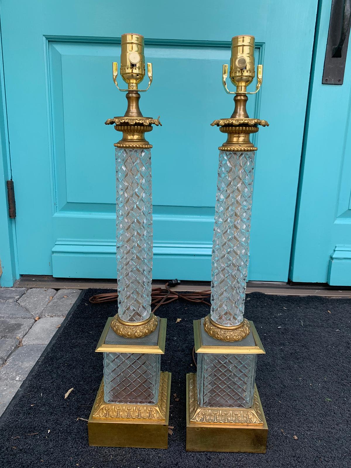 Pair of 20th century cut crystal bronze dore column lamps
Brand new wiring.