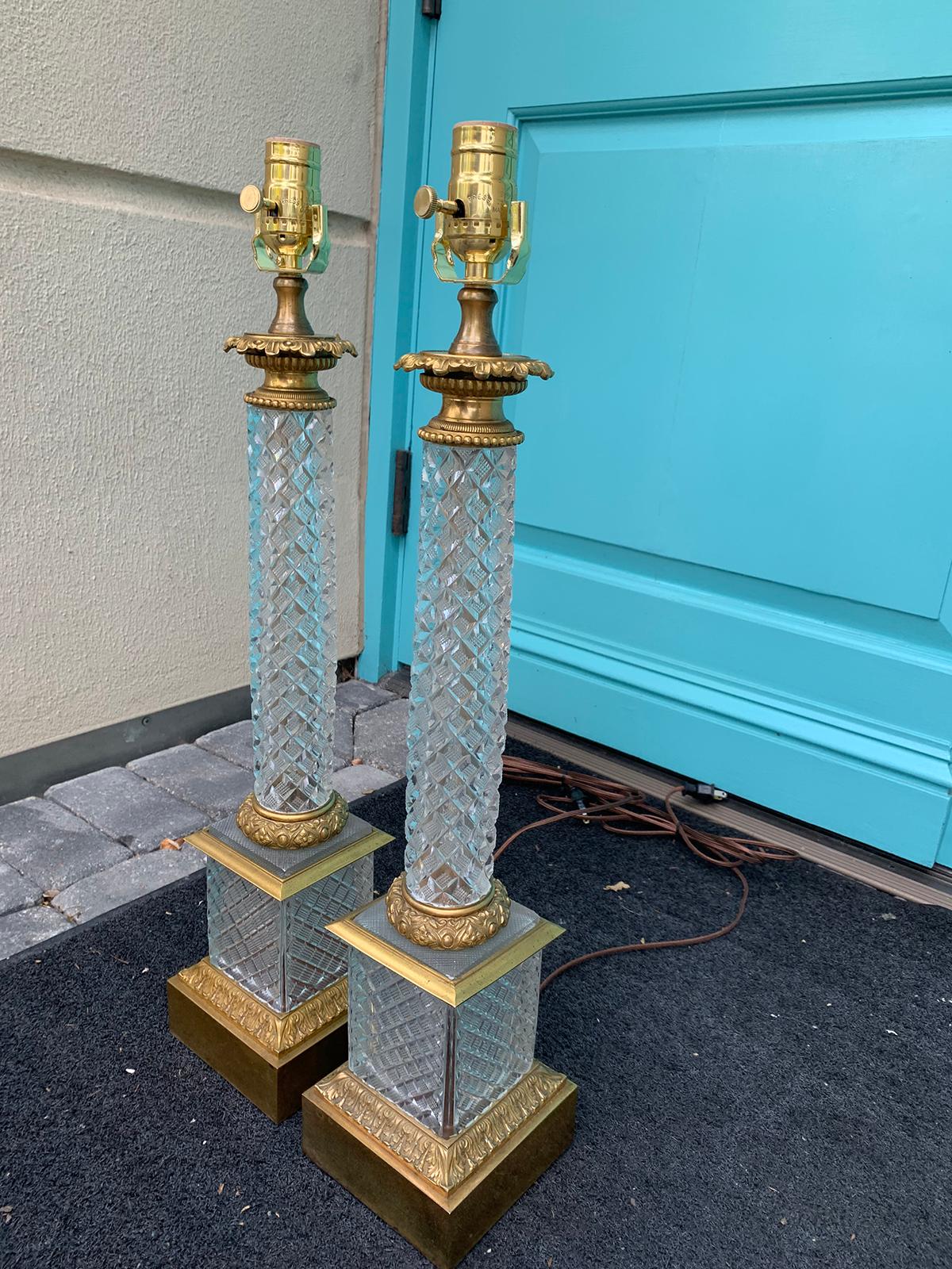 Neoclassical Pair of 20th Century Cut Crystal Bronze Dore Column Lamps