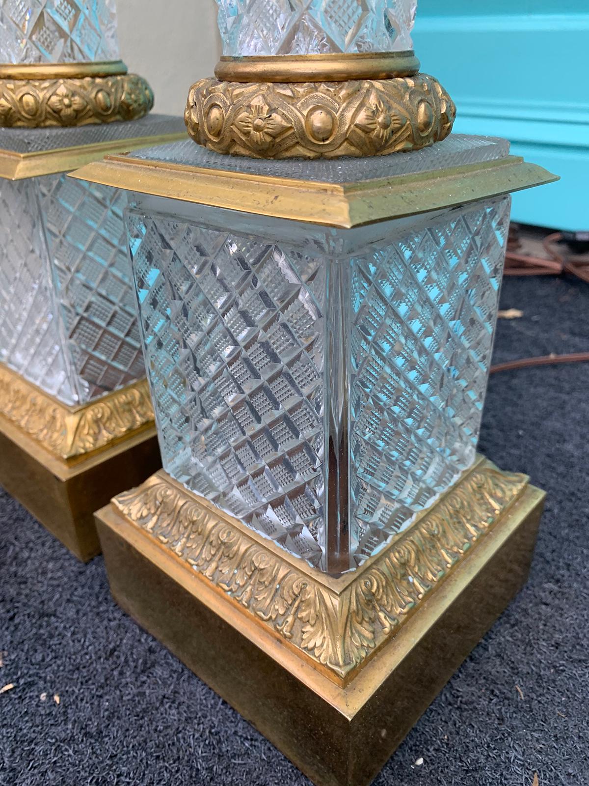 Pair of 20th Century Cut Crystal Bronze Dore Column Lamps In Good Condition In Atlanta, GA