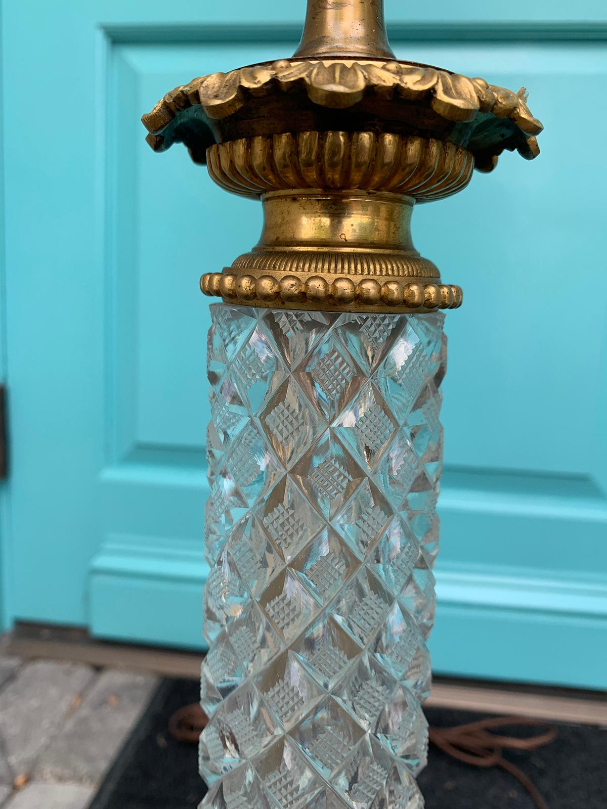 Pair of 20th Century Cut Crystal Bronze Dore Column Lamps 2