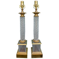 Pair of 20th Century Cut Crystal Bronze Dore Column Lamps