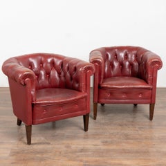 Pair of 20th Century Danish Red Vintage Leather Barrel Back Club Chairs