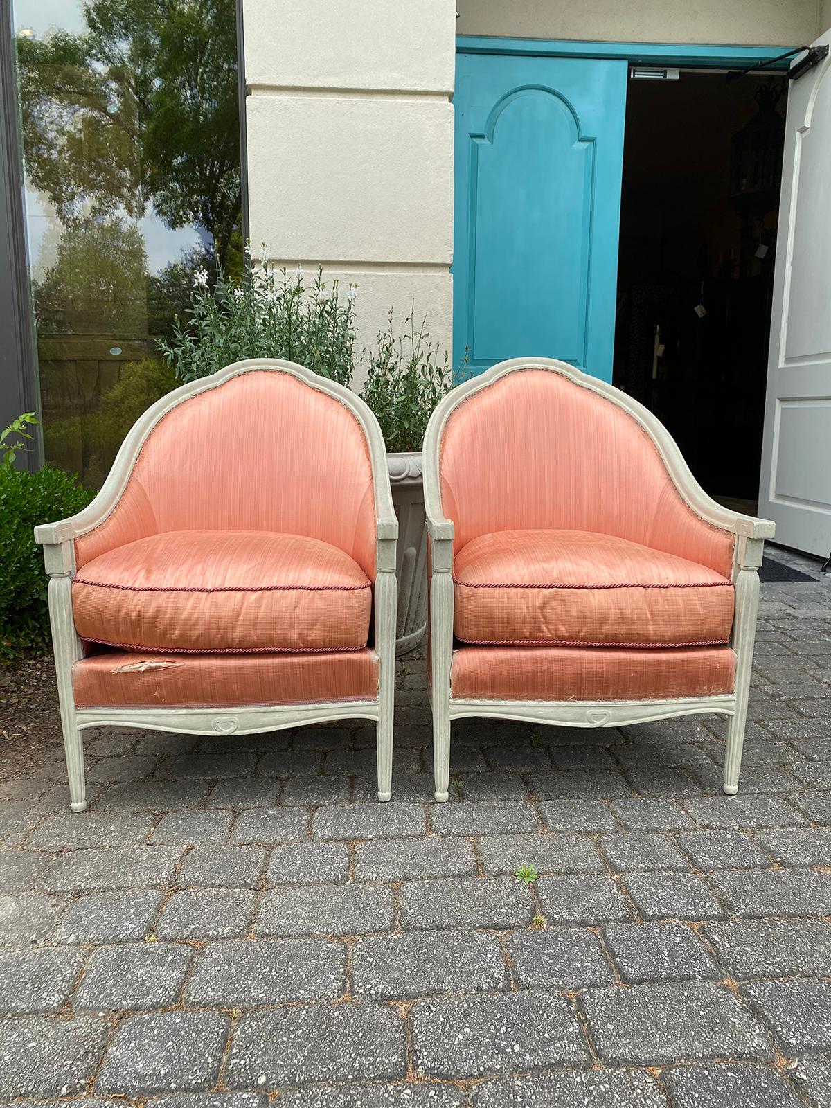 Pair of 20th century deco style French upholstered armchairs / Barrel chairs, hand painted a custom finish
Measures: Arm height: 21.25