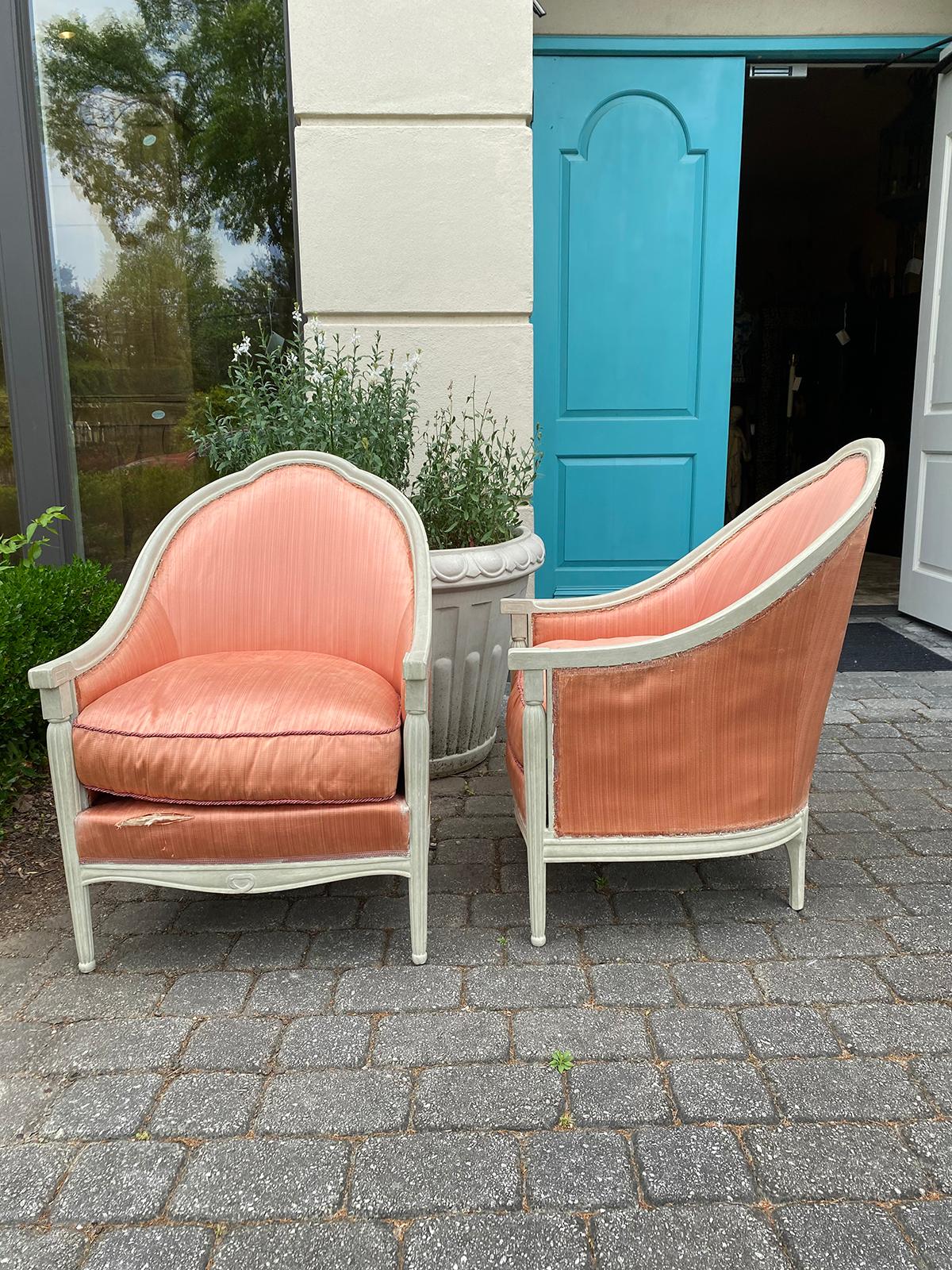 Hand-Painted Pair of 20th Century Deco Style French Upholstered Armchairs / Barrel Chairs