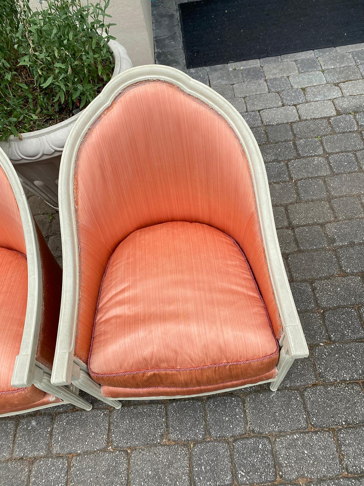 Pair of 20th Century Deco Style French Upholstered Armchairs / Barrel Chairs In Good Condition In Atlanta, GA