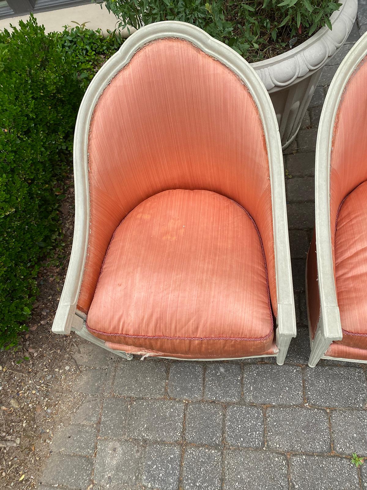 Upholstery Pair of 20th Century Deco Style French Upholstered Armchairs / Barrel Chairs