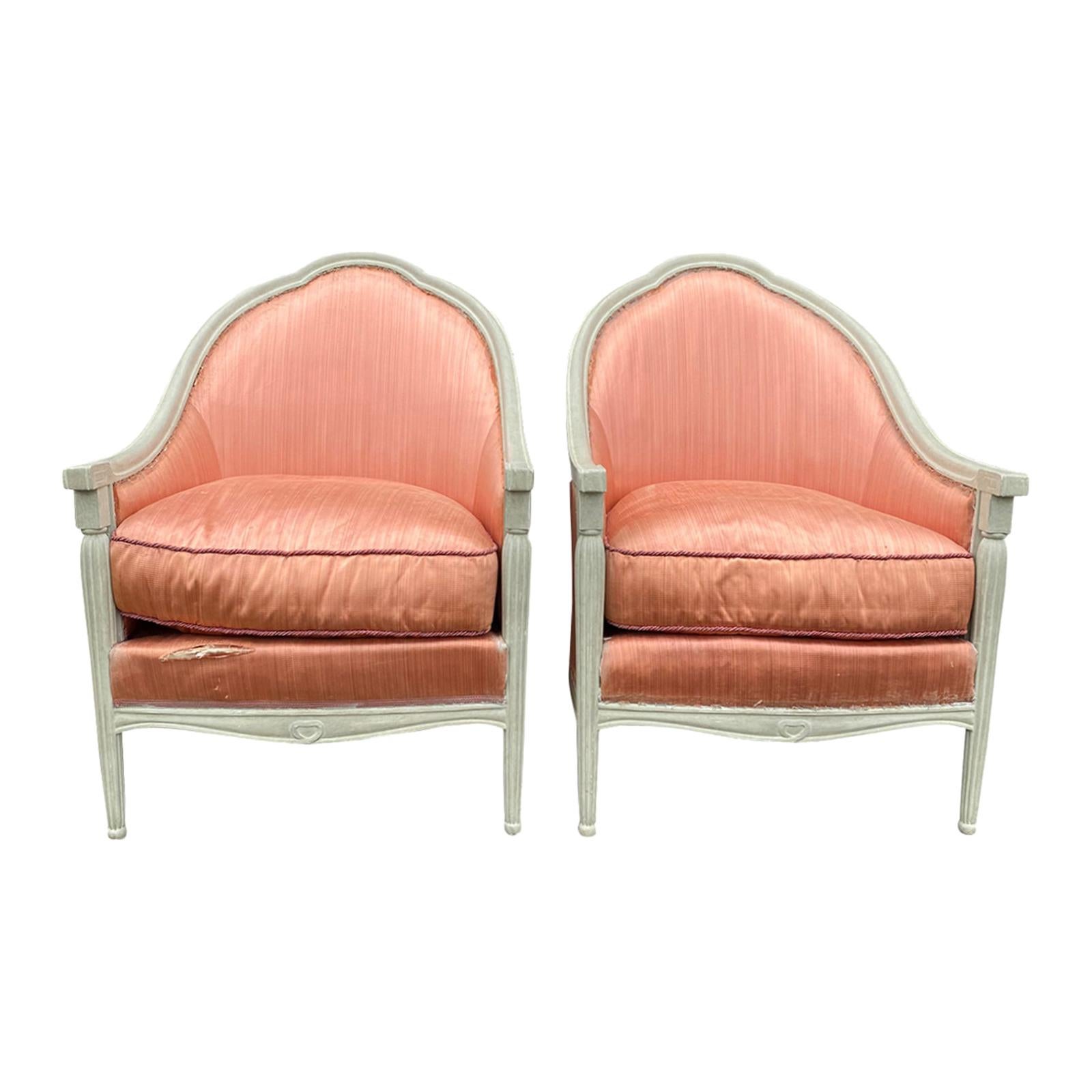 Pair of 20th Century Deco Style French Upholstered Armchairs / Barrel Chairs