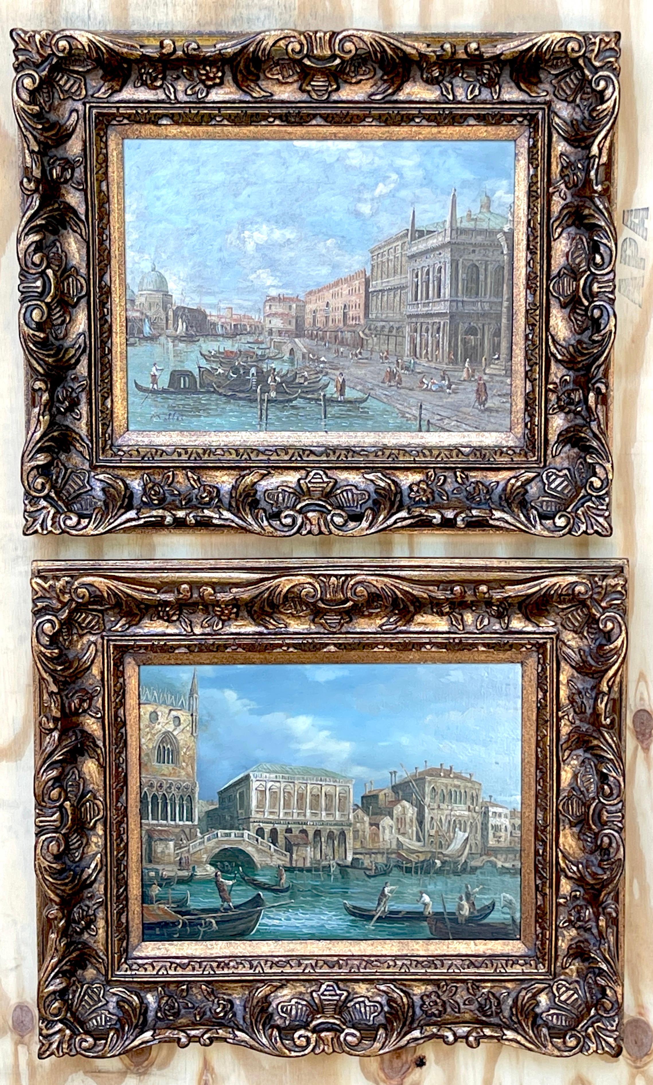 Pair of 20th Century decorative Venetian canal paintings, After Canaletto
Each one Signed 'Maffel'

A stunning pair of late 20th Century oils on canvas, views of the Grand Canal in Venice Italy, in ornate carved giltwood frames. 
After works by