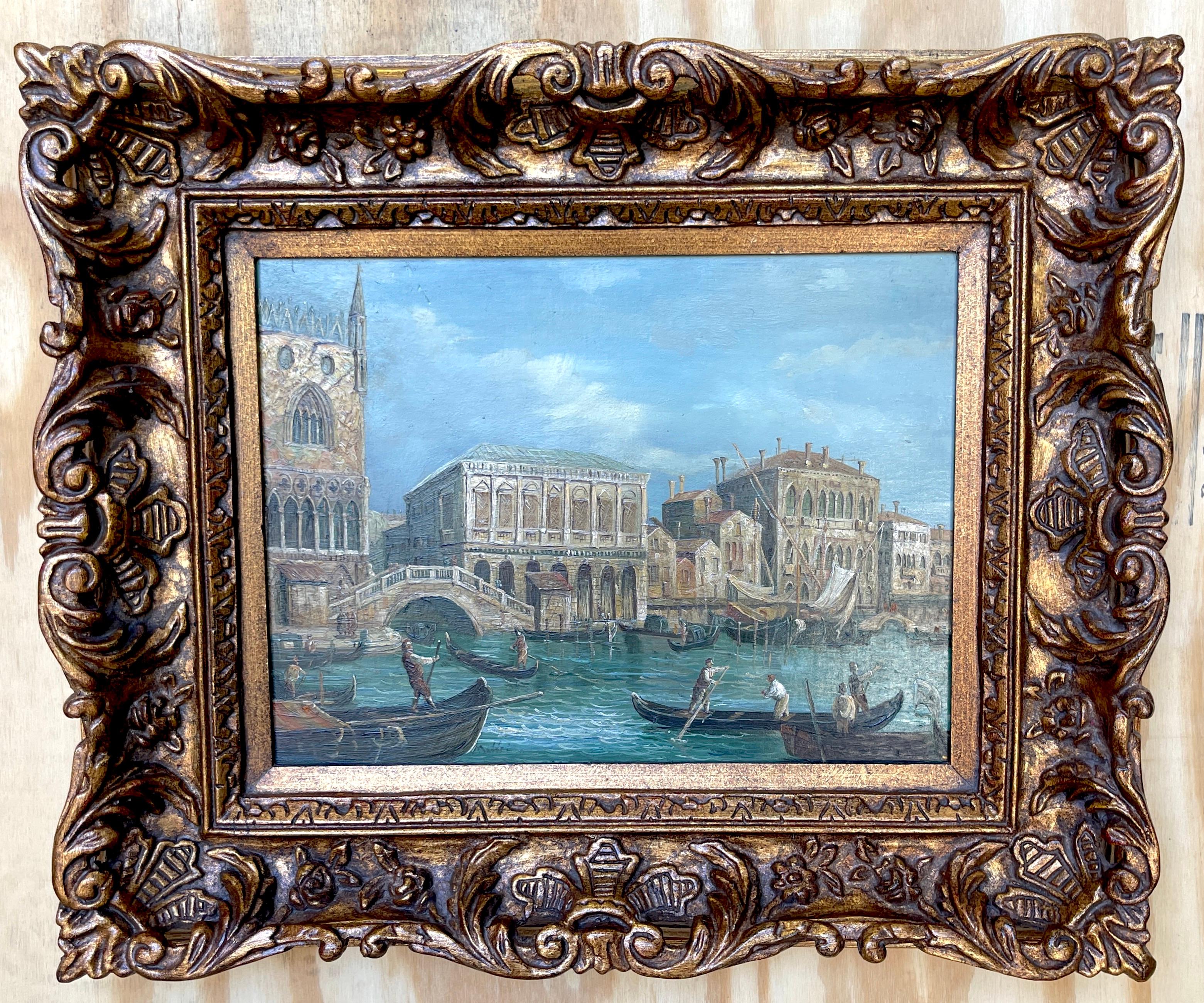 Baroque Pair of 20th Century Decorative Venetian Canal Paintings, After Canaletto For Sale