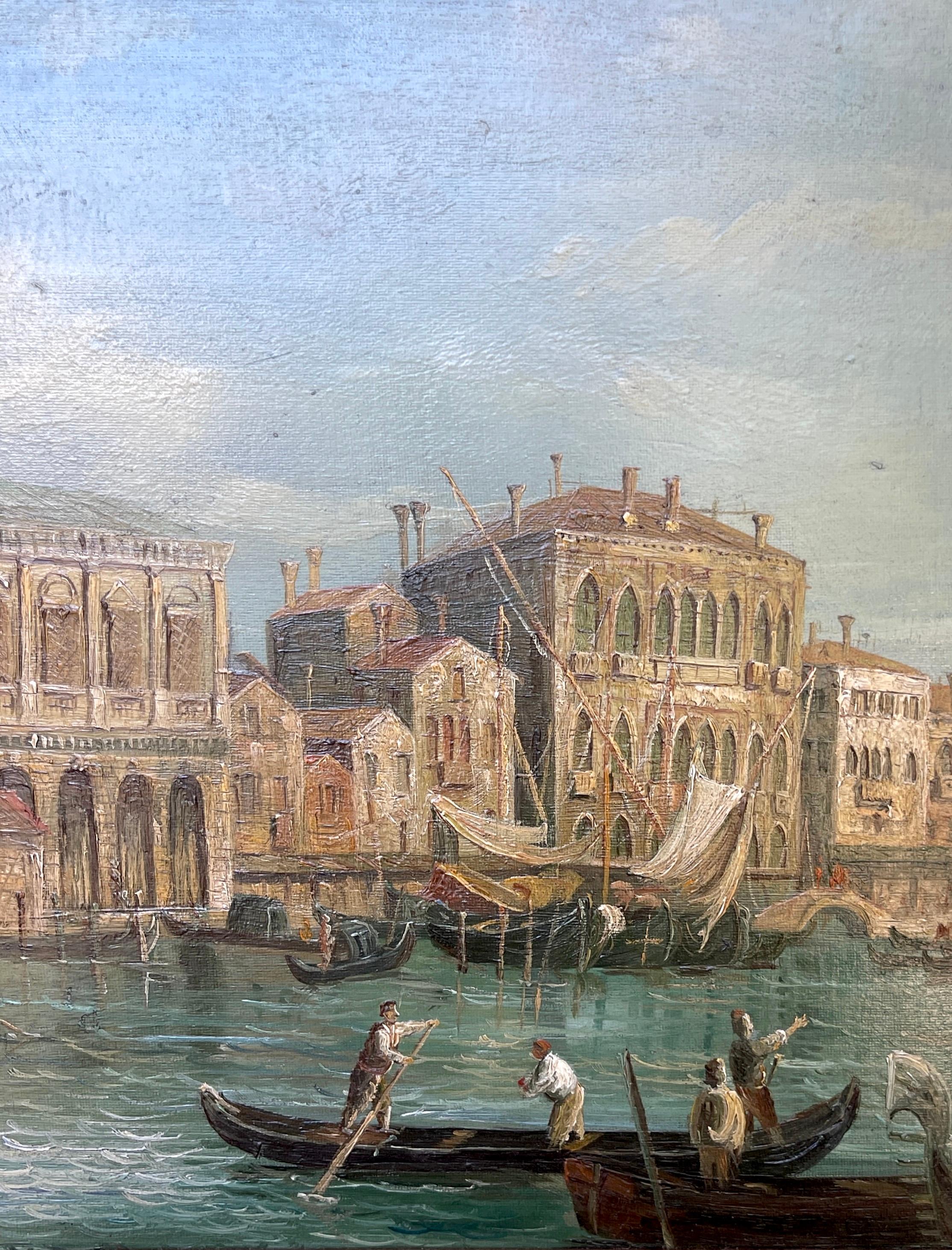 European Pair of 20th Century Decorative Venetian Canal Paintings, After Canaletto For Sale
