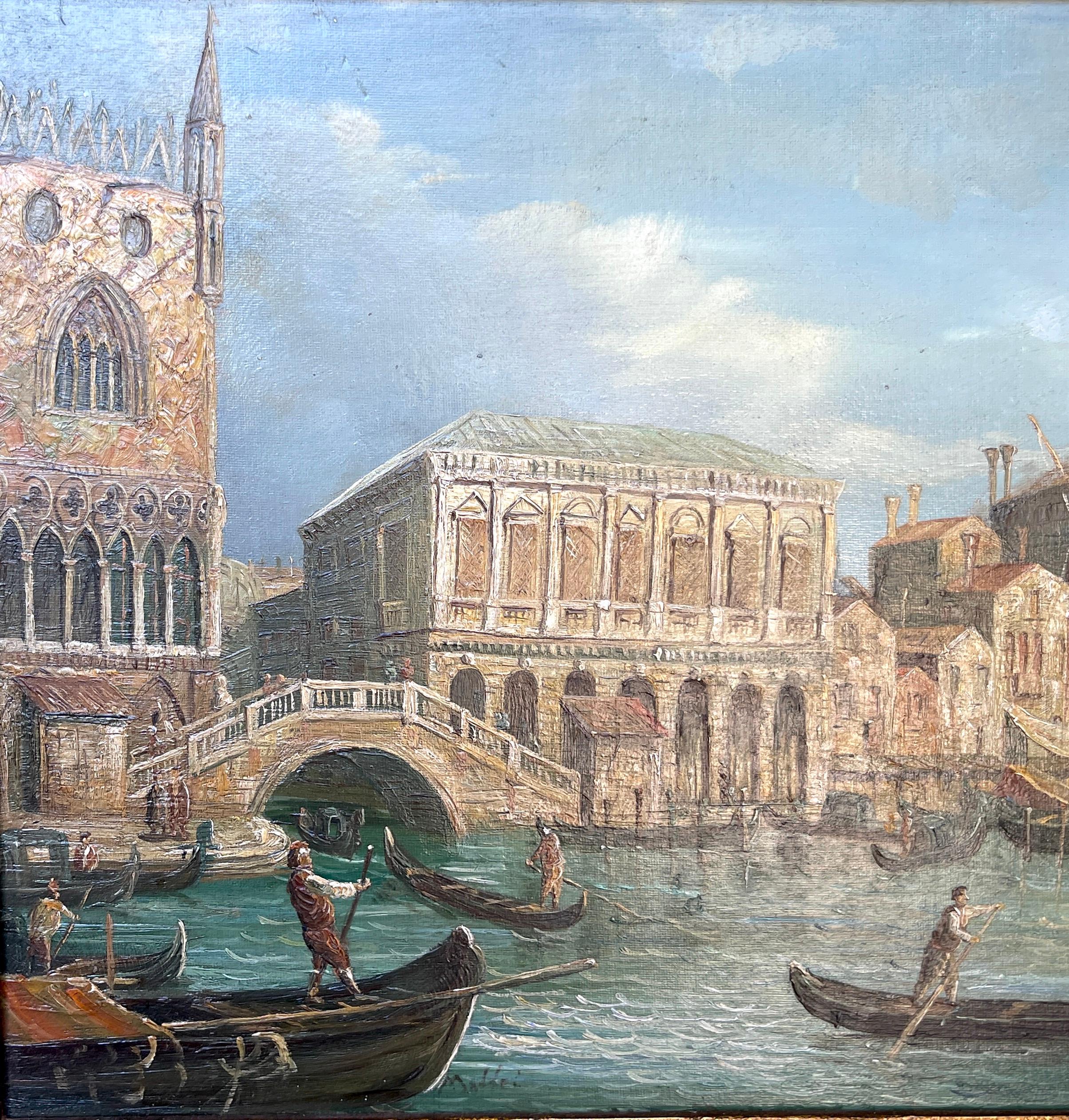 Carved Pair of 20th Century Decorative Venetian Canal Paintings, After Canaletto For Sale