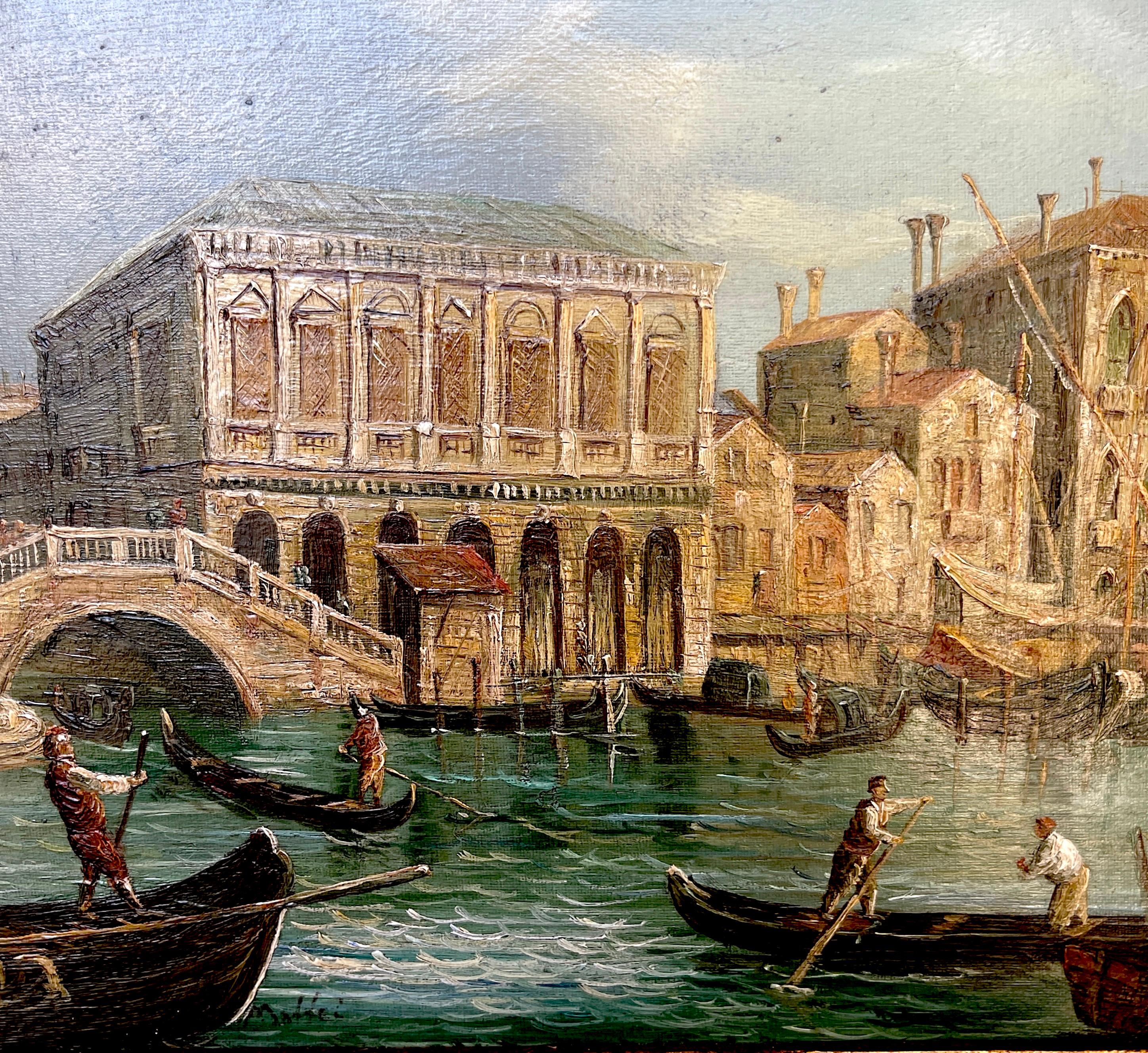Canvas Pair of 20th Century Decorative Venetian Canal Paintings, After Canaletto For Sale