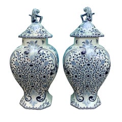 Pair of 20th Century Delft Blue & White Lidded Jars, Marked