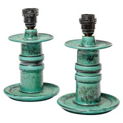 Pair of 20th Century Design Green Ceramic Table Lamps circa 1960 Art Deco Style