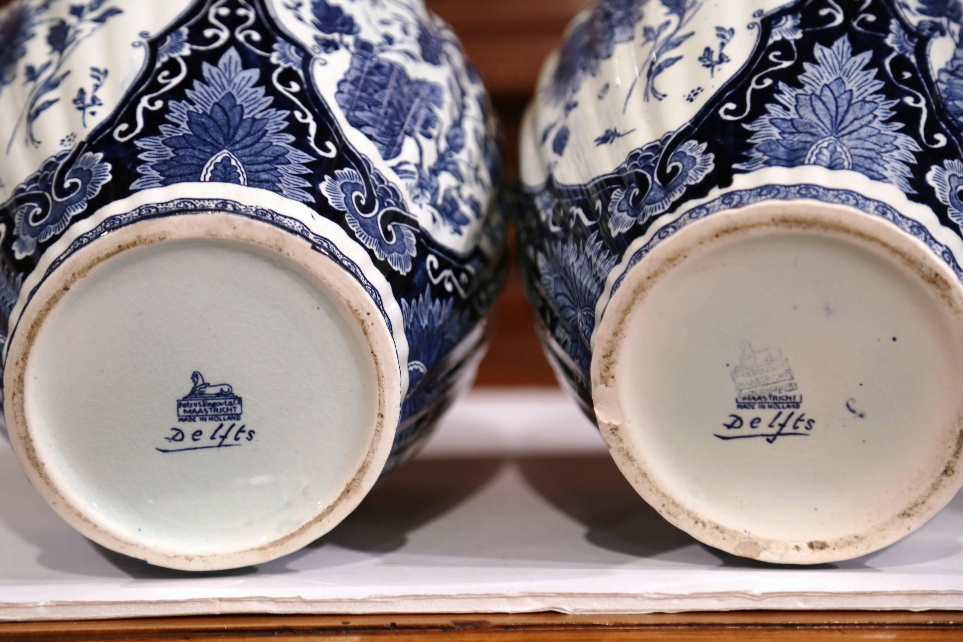Pair of 20th Century Dutch Blue and White Maastricht Delft Ginger Jars with Lids 4