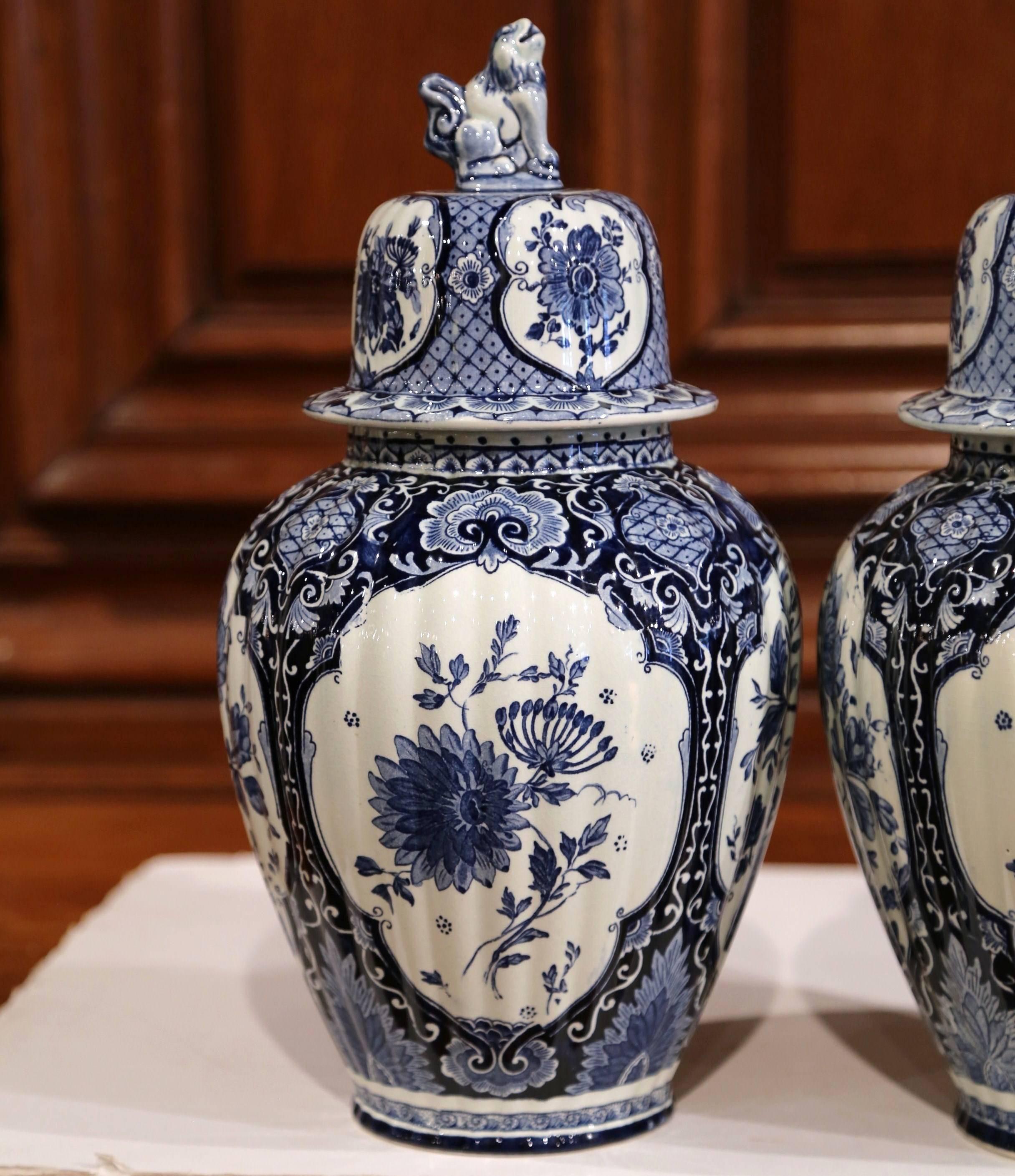 Ceramic Pair of 20th Century Dutch Blue and White Maastricht Delft Ginger Jars with Lids