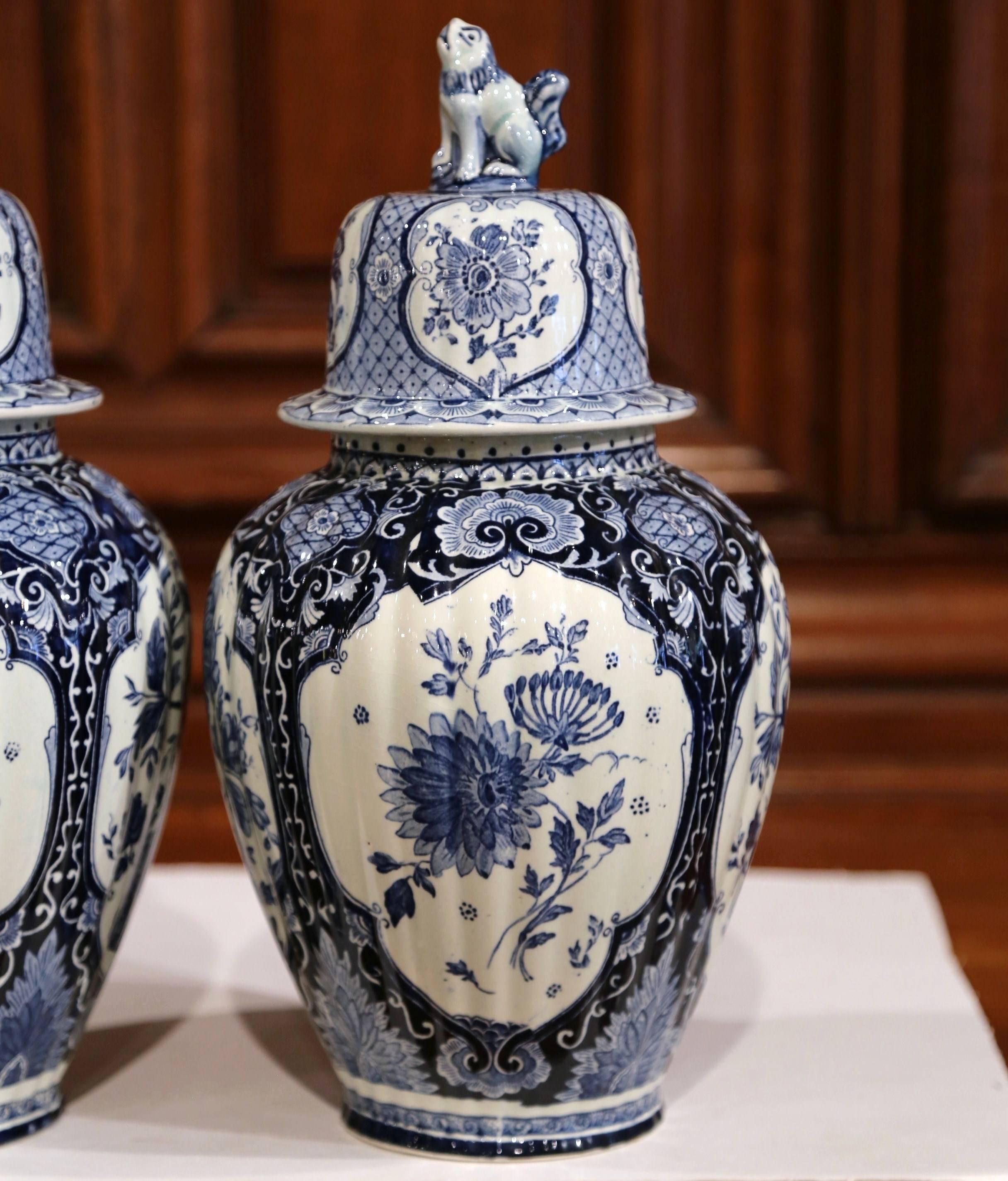 Pair of 20th Century Dutch Blue and White Maastricht Delft Ginger Jars with Lids 1