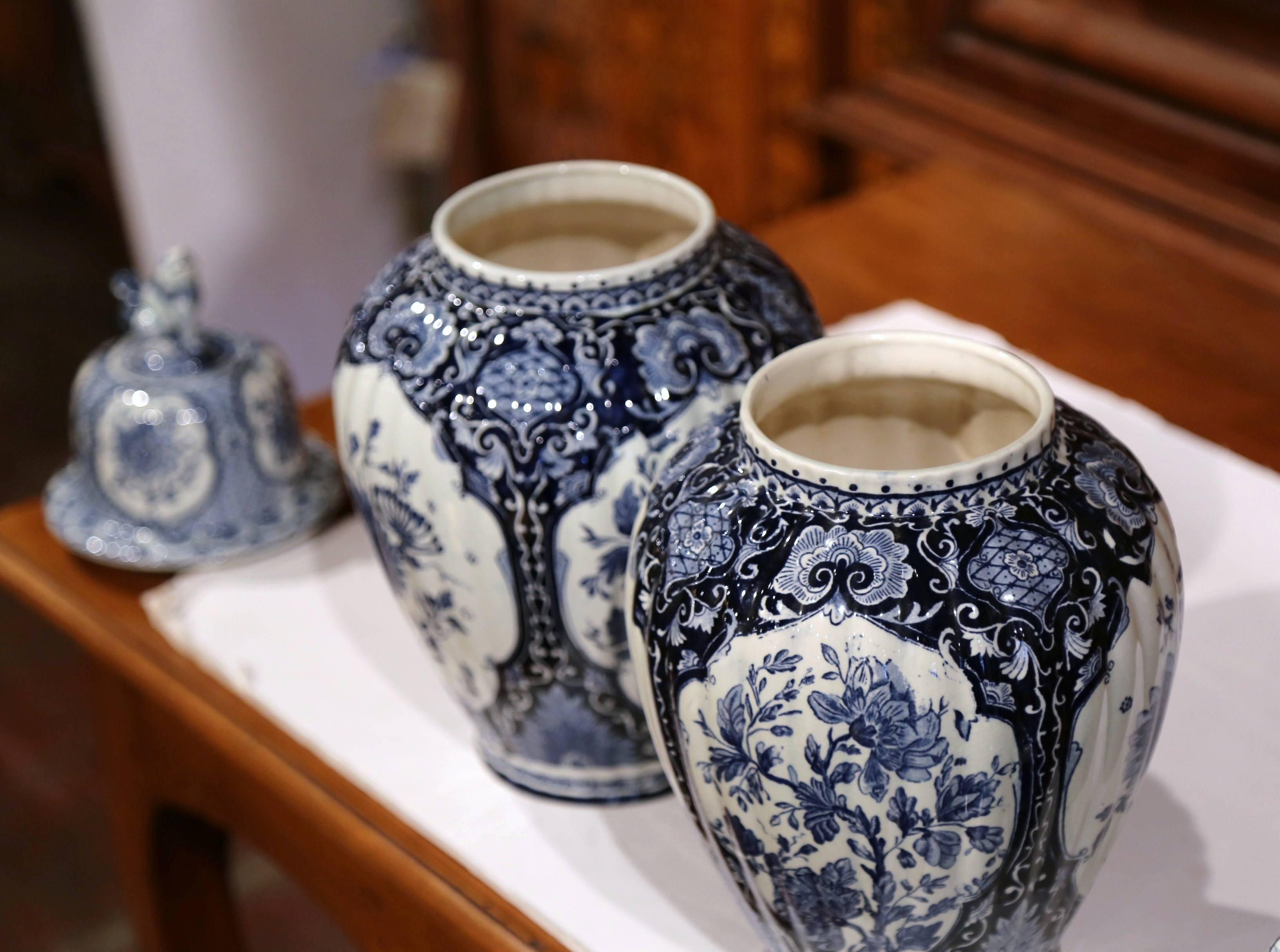Pair of 20th Century Dutch Blue and White Maastricht Delft Ginger Jars with Lids 2