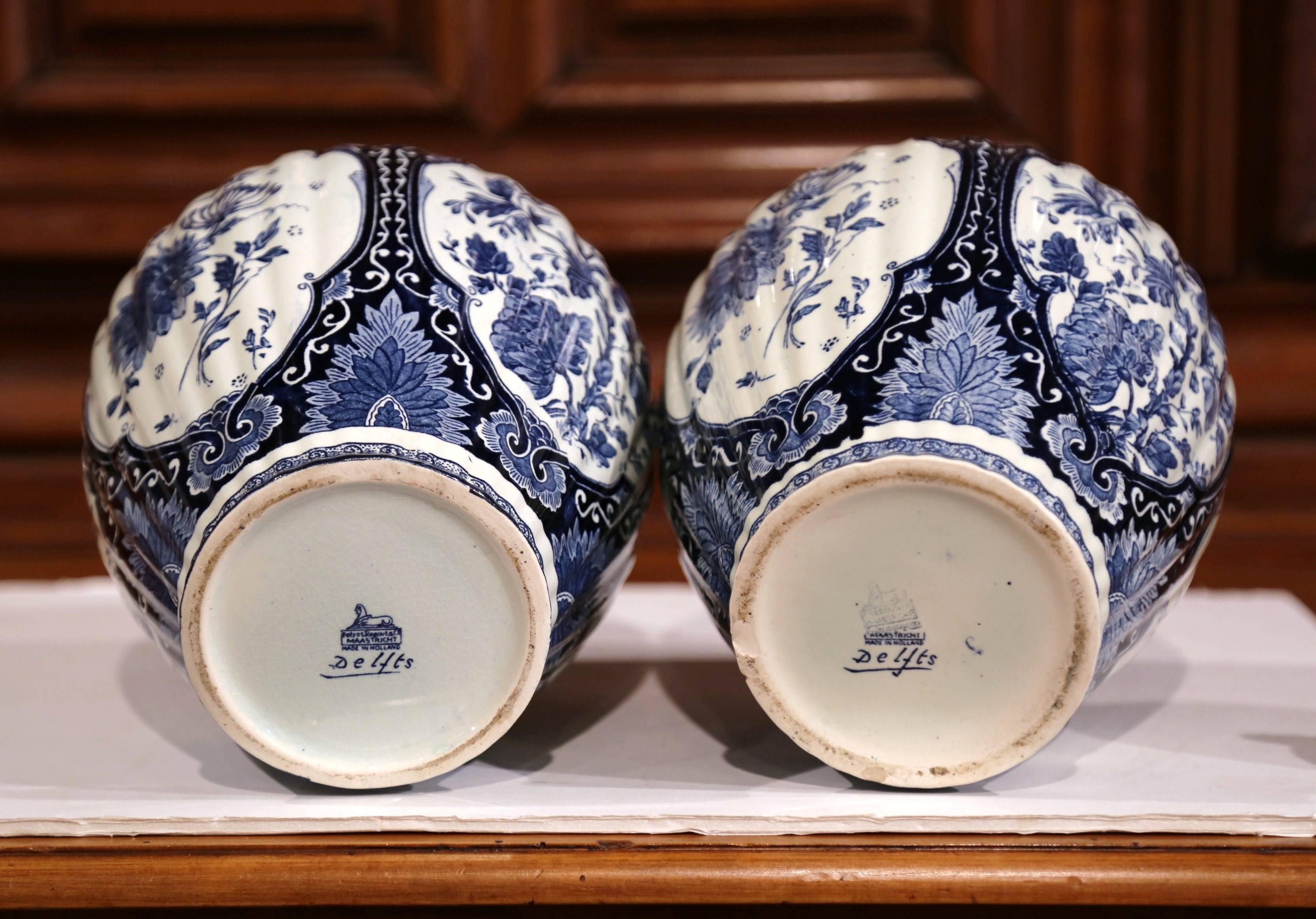 Pair of 20th Century Dutch Blue and White Maastricht Delft Ginger Jars with Lids 3