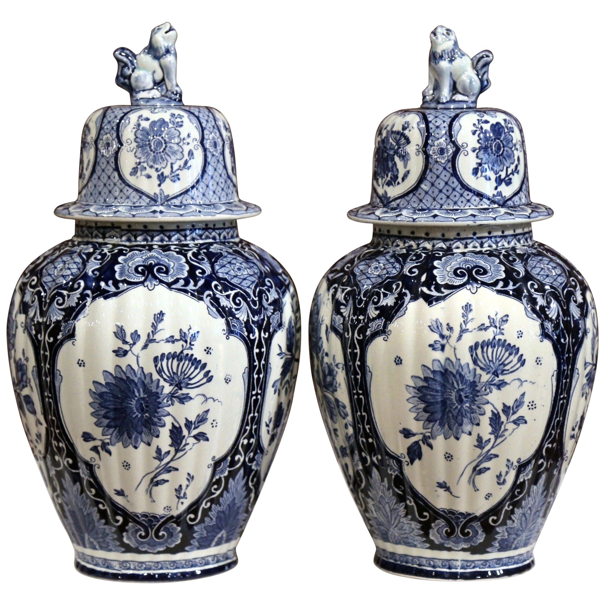Pair of 20th Century Dutch Painted Blue and White Faience Delft Ginger Jars