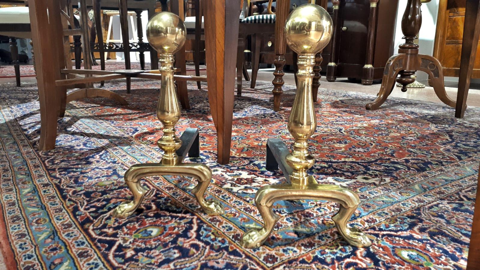 French Pair of Late 19th Century Empire Polished Brass and Iron Andirons  For Sale