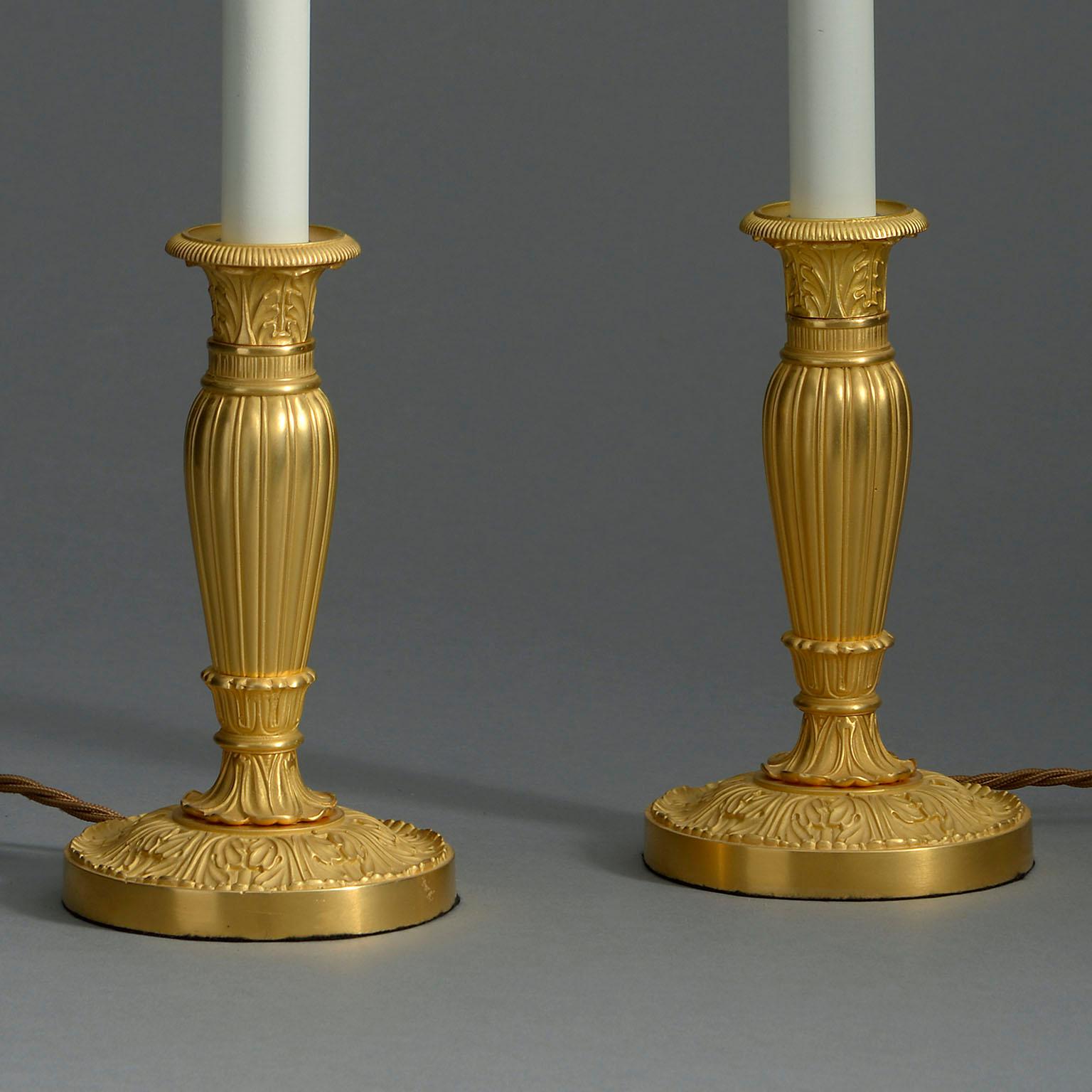 French Pair of 20th Century Empire Style Ormolu Candlestick Lamps