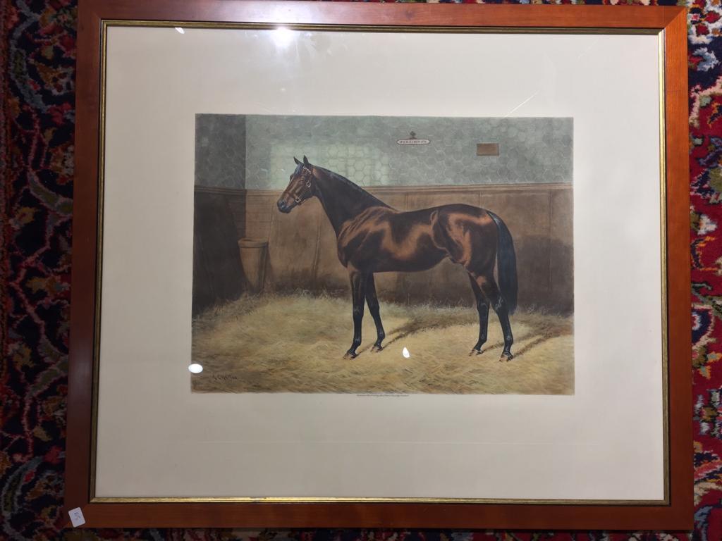 Pair of 20th century English prints horses walnut frame.

Alfred Charles Havell: painter of horses and figurative subjects; exhibited at the Royal Academy. Born 1855 Chelsea; married Mary Marpole Lewis 1878; died 1928.