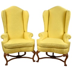 Antique Pair of 20th Century English Queen Anne Style Wing Back Armchairs
