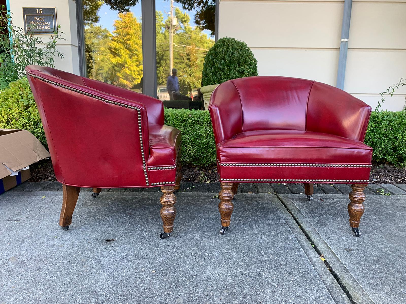 Pair of 20th Century English Red Leather Barrel Chairs 2