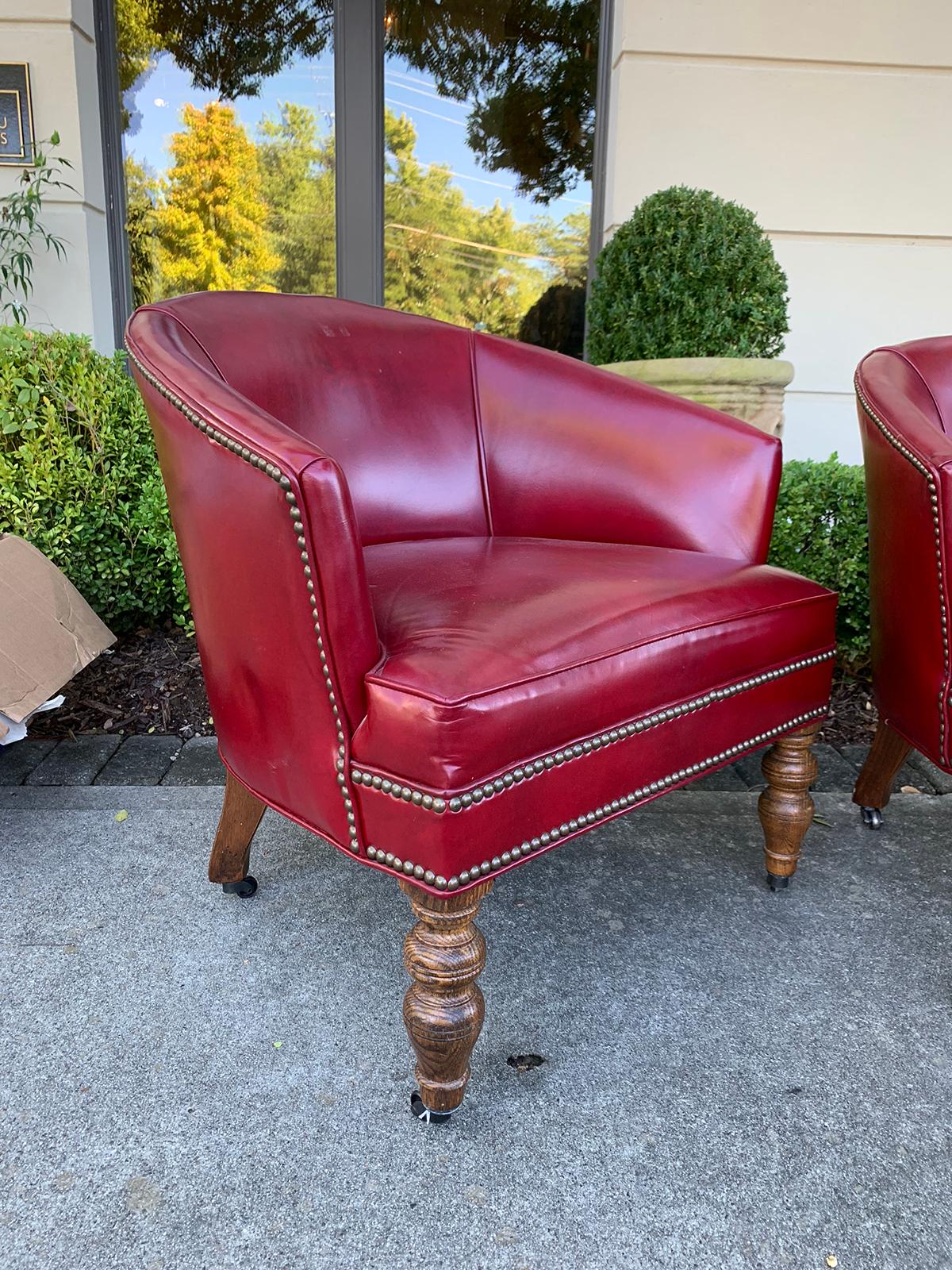 Pair of 20th Century English Red Leather Barrel Chairs 4