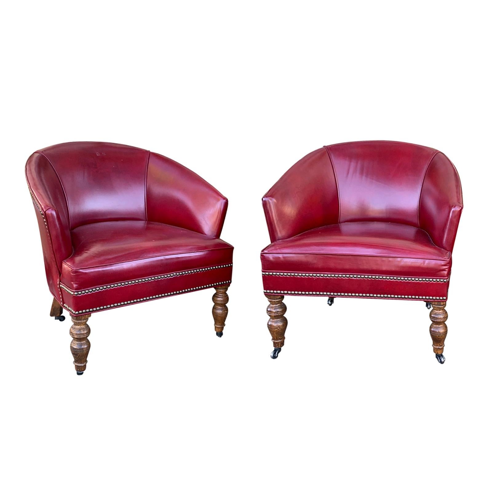 Pair of 20th Century English Red Leather Barrel Chairs