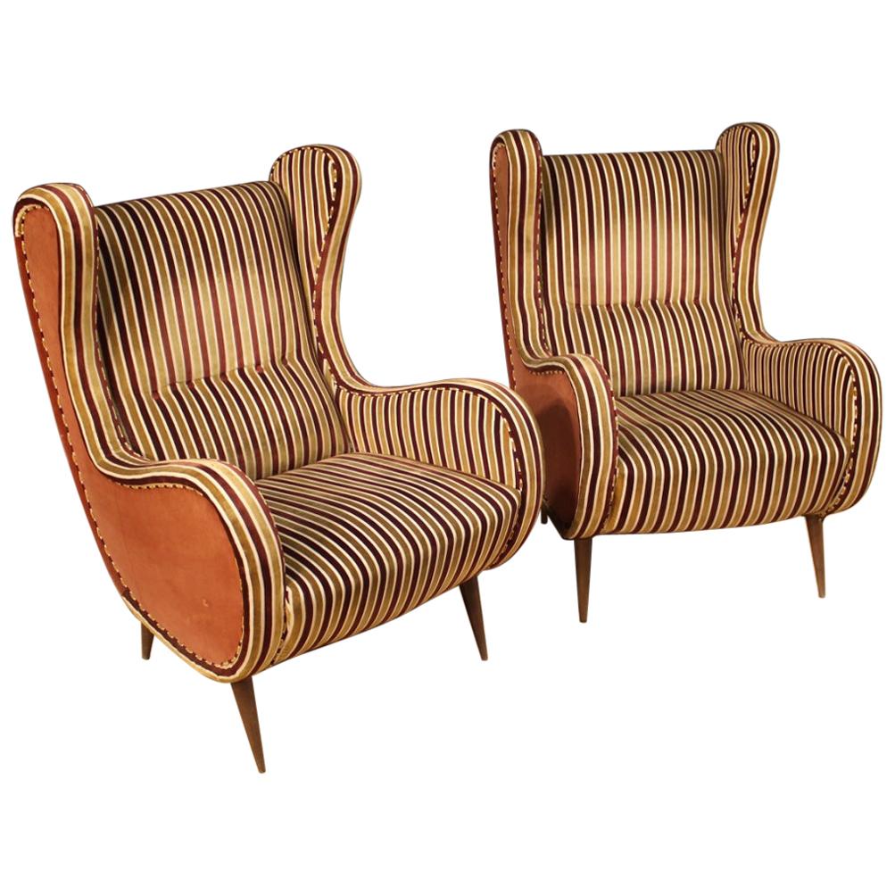 Pair of 20th Century Fabric and Velvet Design Zanuso Style Italian Armchairs