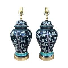 Pair of 20th Century Famille Noir Porcelain Lamps, Custom Giltwood Bases