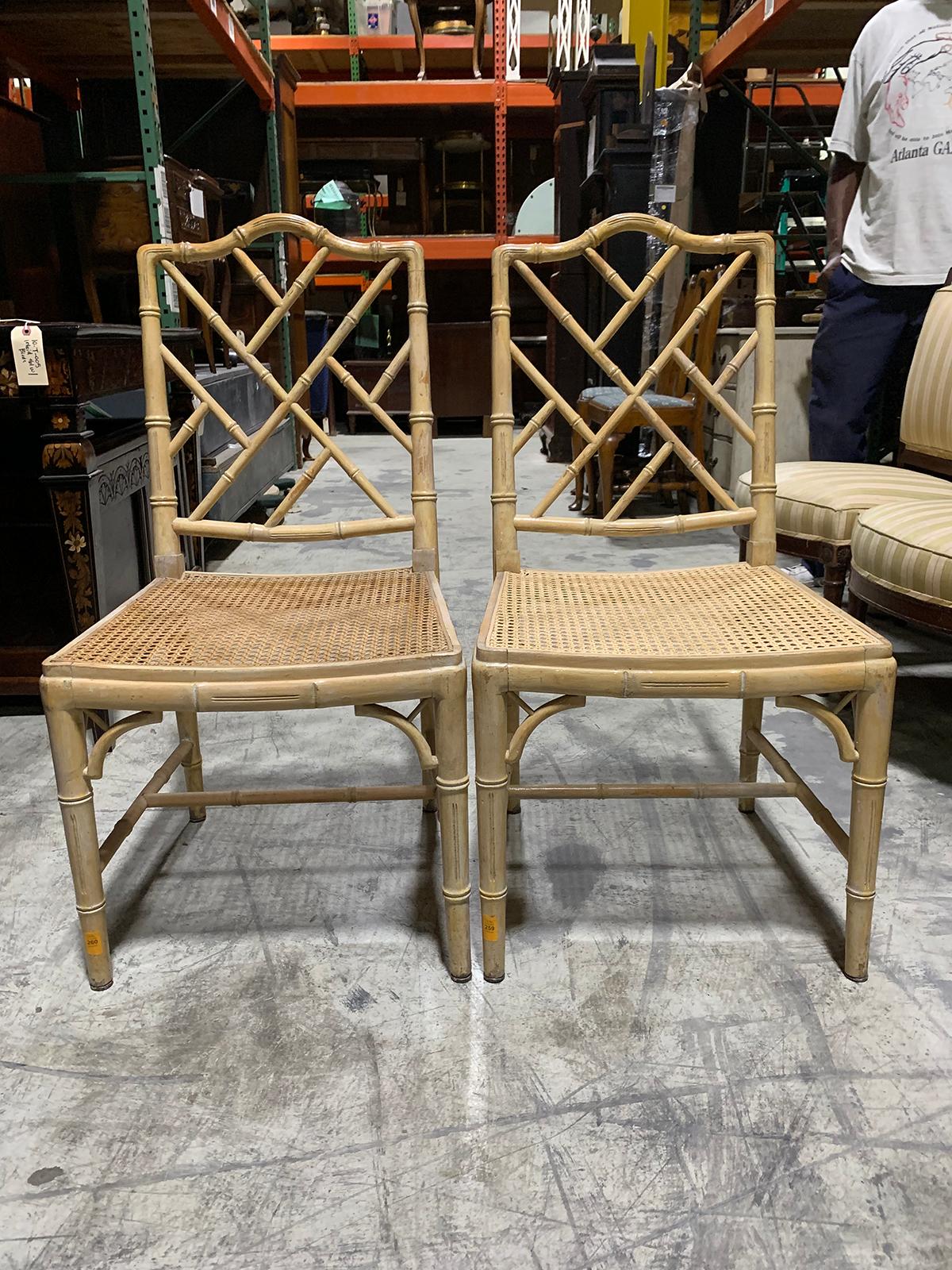 Pair of 20th century faux bamboo side chairs with cane seats
Measures: 18.5