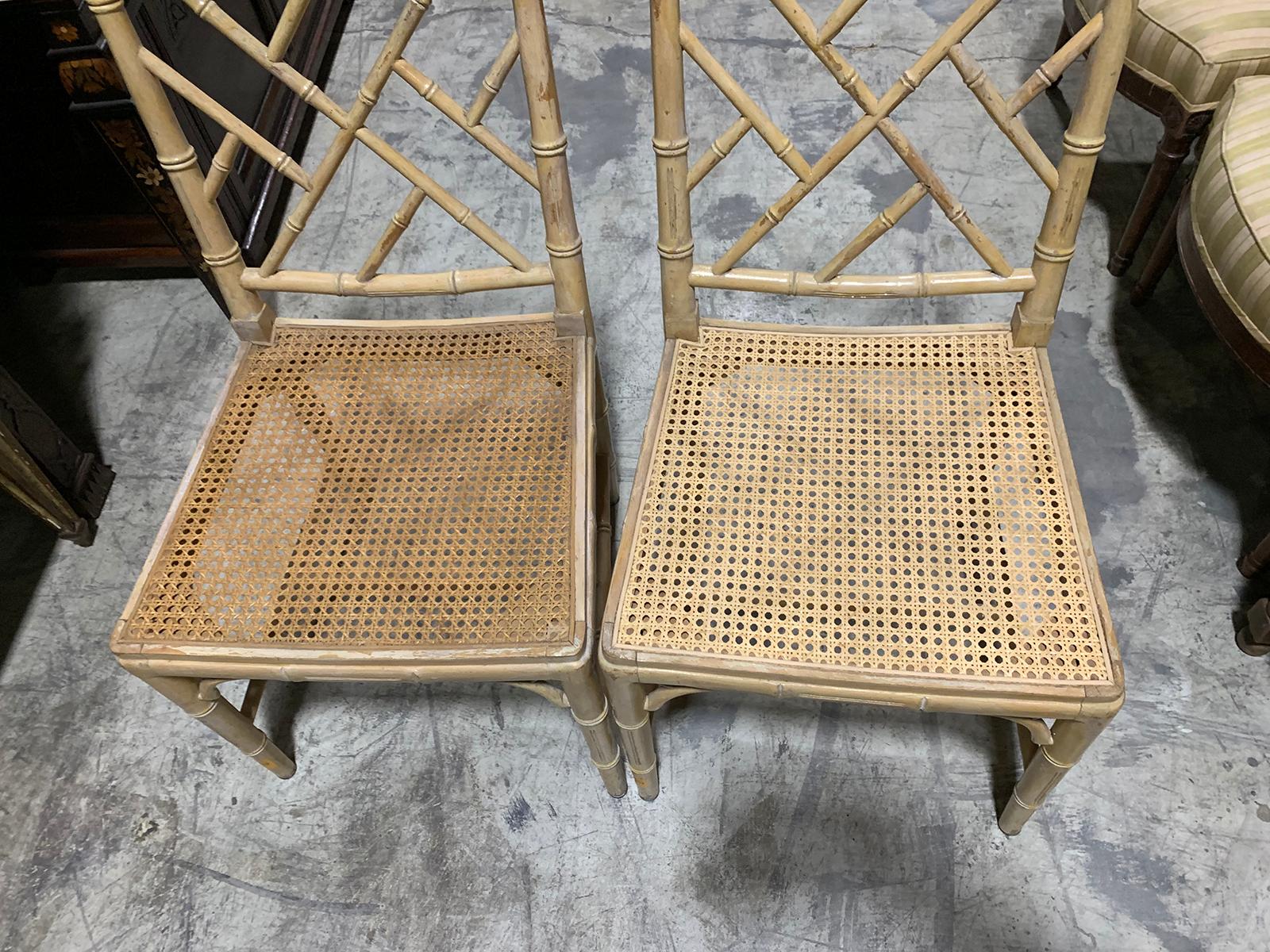 Pair of 20th Century Faux Bamboo Side Chairs with Cane Seats For Sale 3