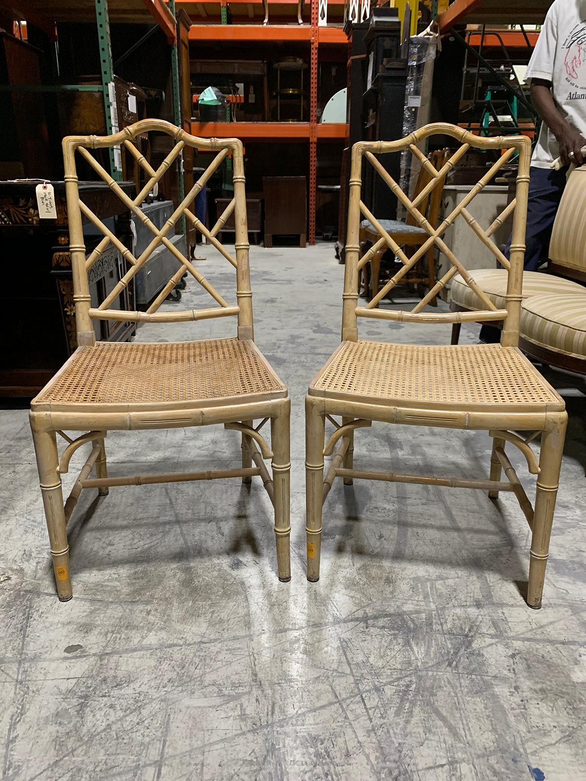 Pair of 20th Century Faux Bamboo Side Chairs with Cane Seats For Sale 4