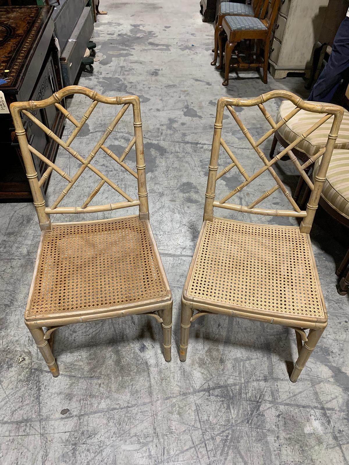 Pair of 20th Century Faux Bamboo Side Chairs with Cane Seats For Sale 5