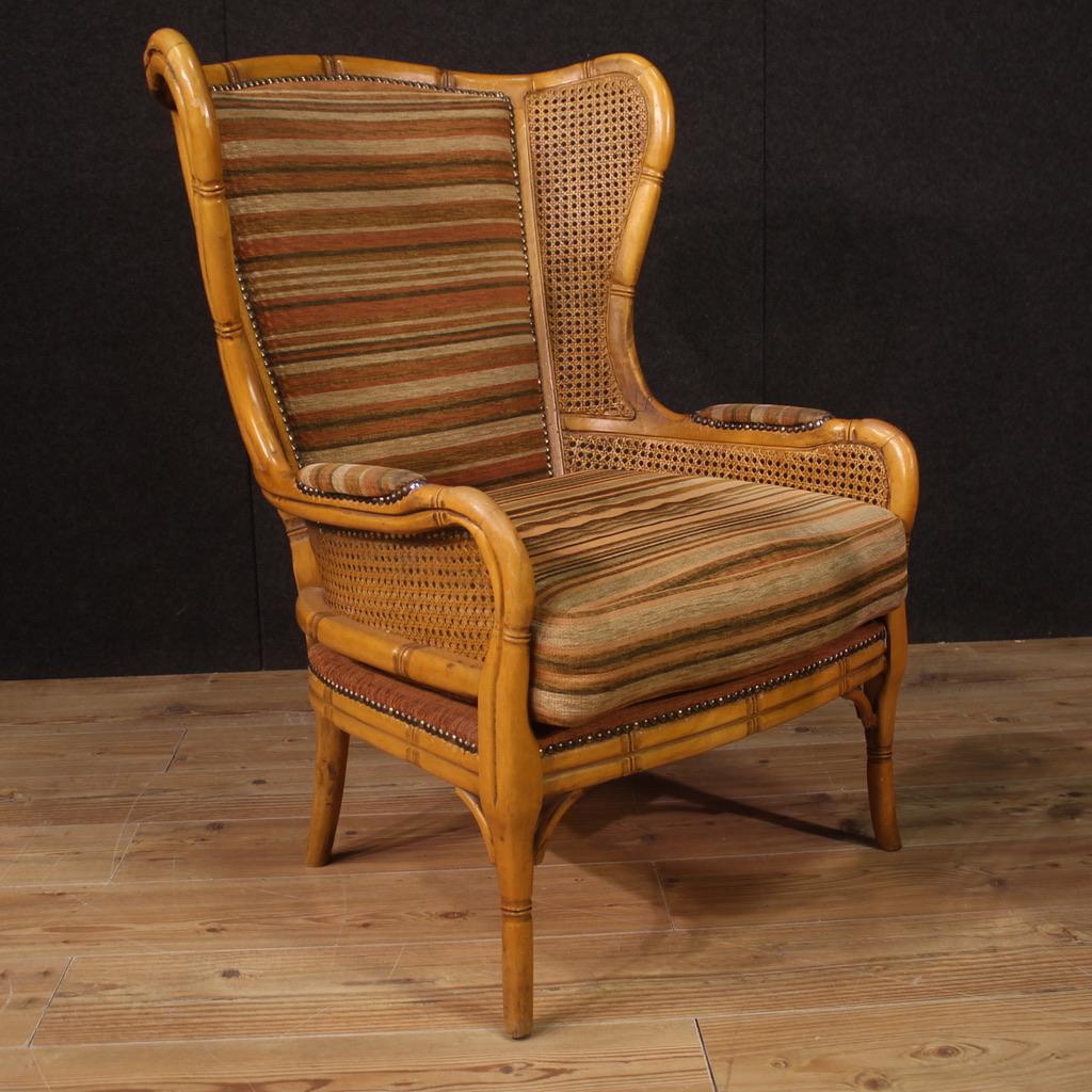 Pair of 20th Century Faux Bamboo Wood Cane and Fabric Italian Modern Armchairs For Sale 7