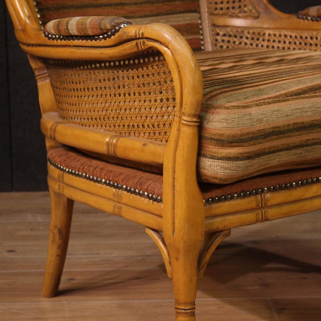Pair of 20th Century Faux Bamboo Wood Cane and Fabric Italian Modern Armchairs For Sale 8