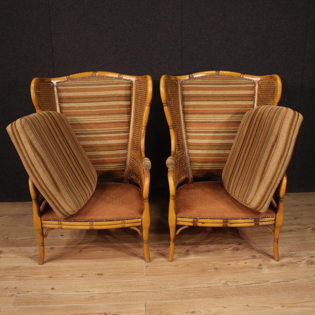 Pair of 20th Century Faux Bamboo Wood Cane and Fabric Italian Modern Armchairs For Sale 9