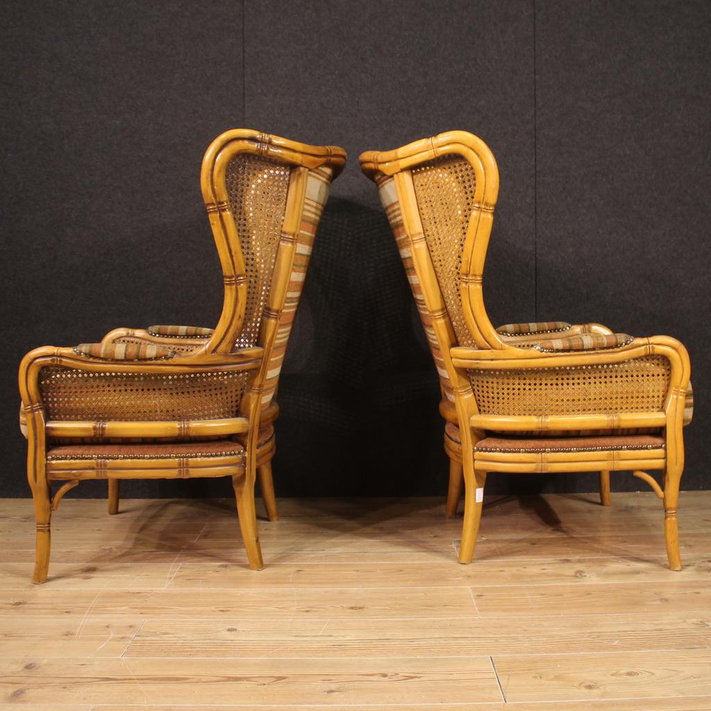 Pair of 20th Century Faux Bamboo Wood Cane and Fabric Italian Modern Armchairs In Fair Condition For Sale In Vicoforte, Piedmont