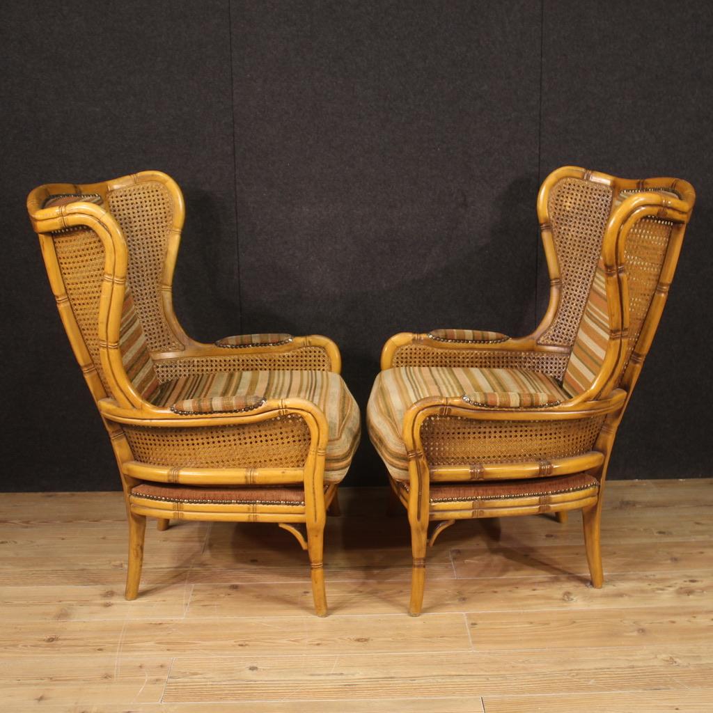 Pair of 20th Century Faux Bamboo Wood Cane and Fabric Italian Modern Armchairs For Sale 1