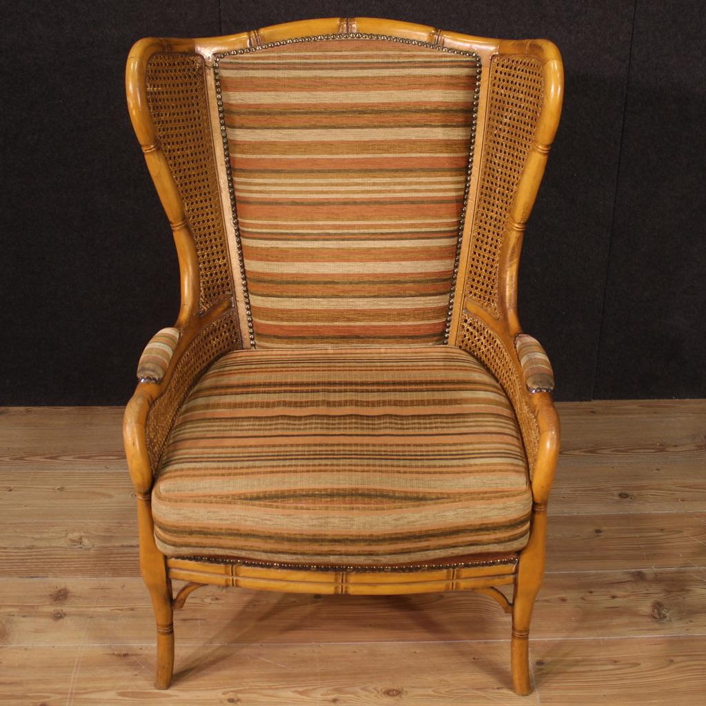 Pair of 20th Century Faux Bamboo Wood Cane and Fabric Italian Modern Armchairs For Sale 2