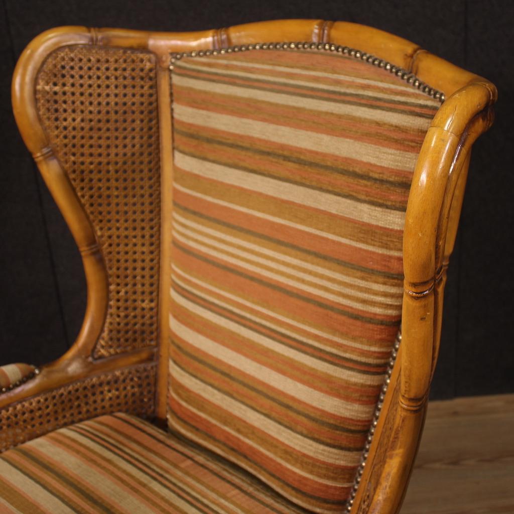Pair of 20th Century Faux Bamboo Wood Cane and Fabric Italian Modern Armchairs For Sale 3