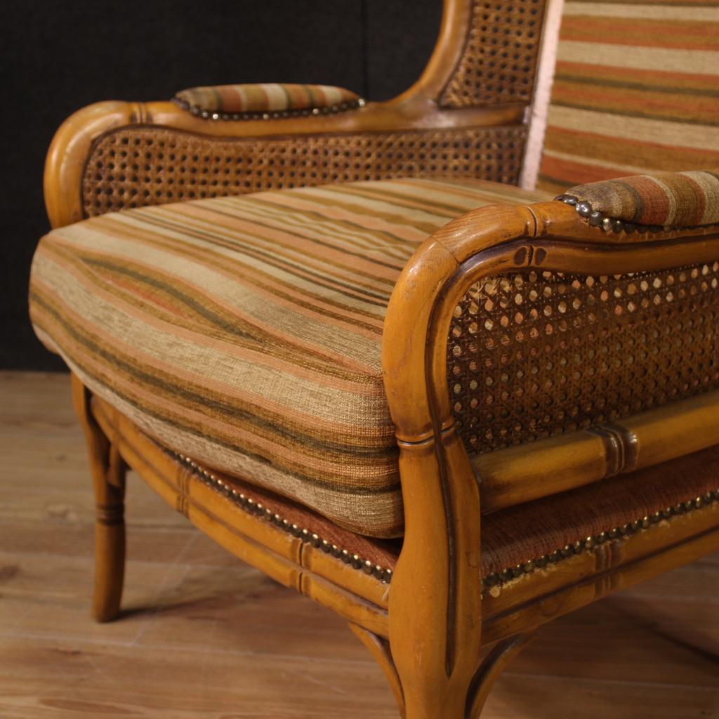Pair of 20th Century Faux Bamboo Wood Cane and Fabric Italian Modern Armchairs For Sale 4